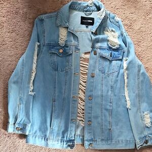 Fashion Nova Distressed Denim Jacket - Light Blue